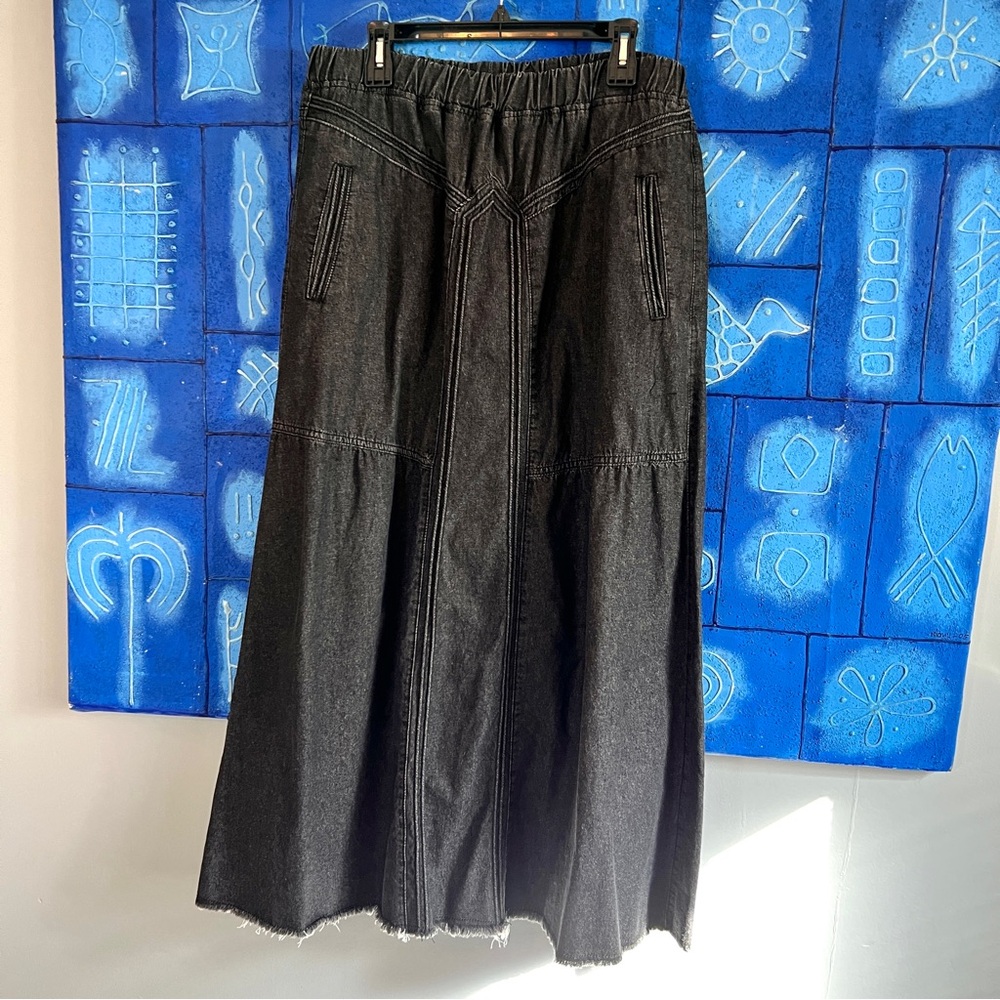 A-line Distressed Black Denim Maxi Skirt Embossy